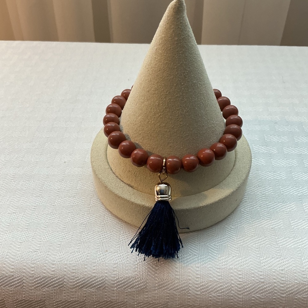 Terracotta Acrylic Gold Tone Tassel Stretch Bead Bracelet